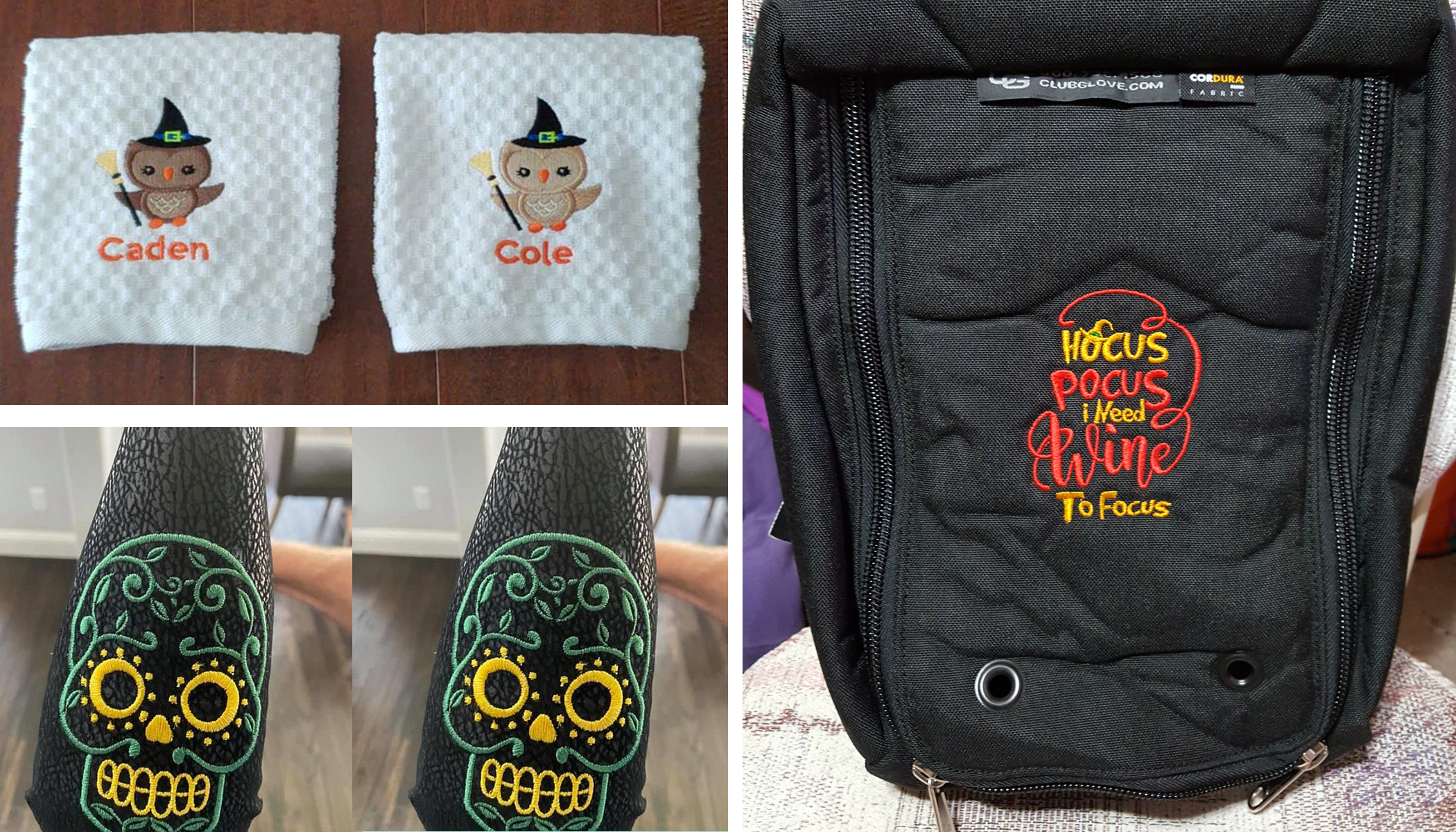 Halloween Embroidery Projects - Towels, Backpacks and Koozies